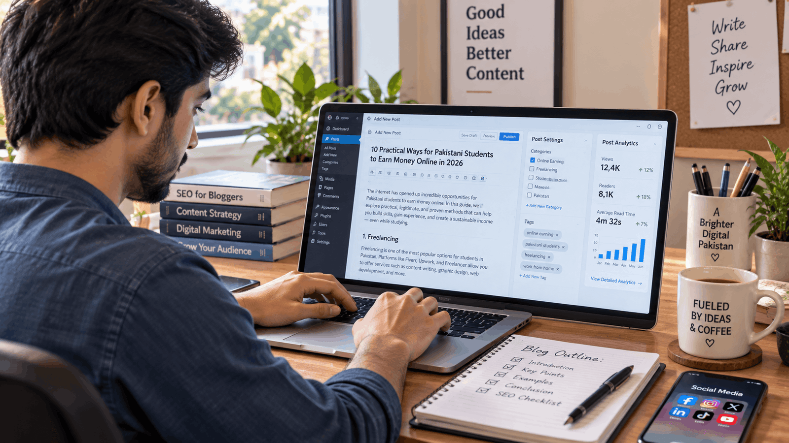 Blogging in Pakistan: writer creating SEO content for Google AdSense revenue, online earning