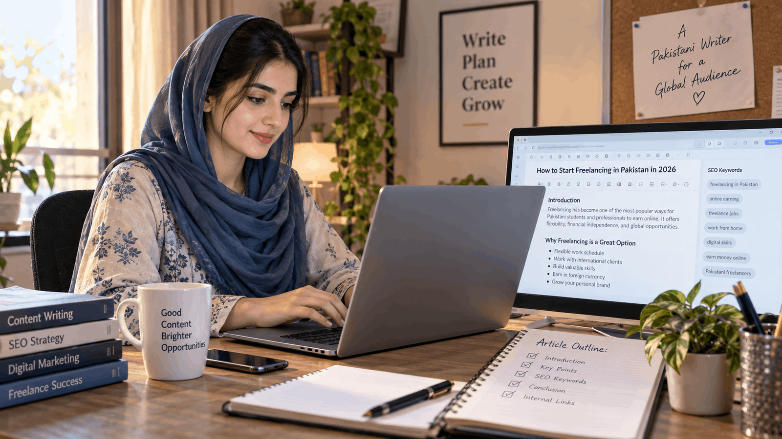 Content writer in Pakistan creating SEO articles for international clients, online earning