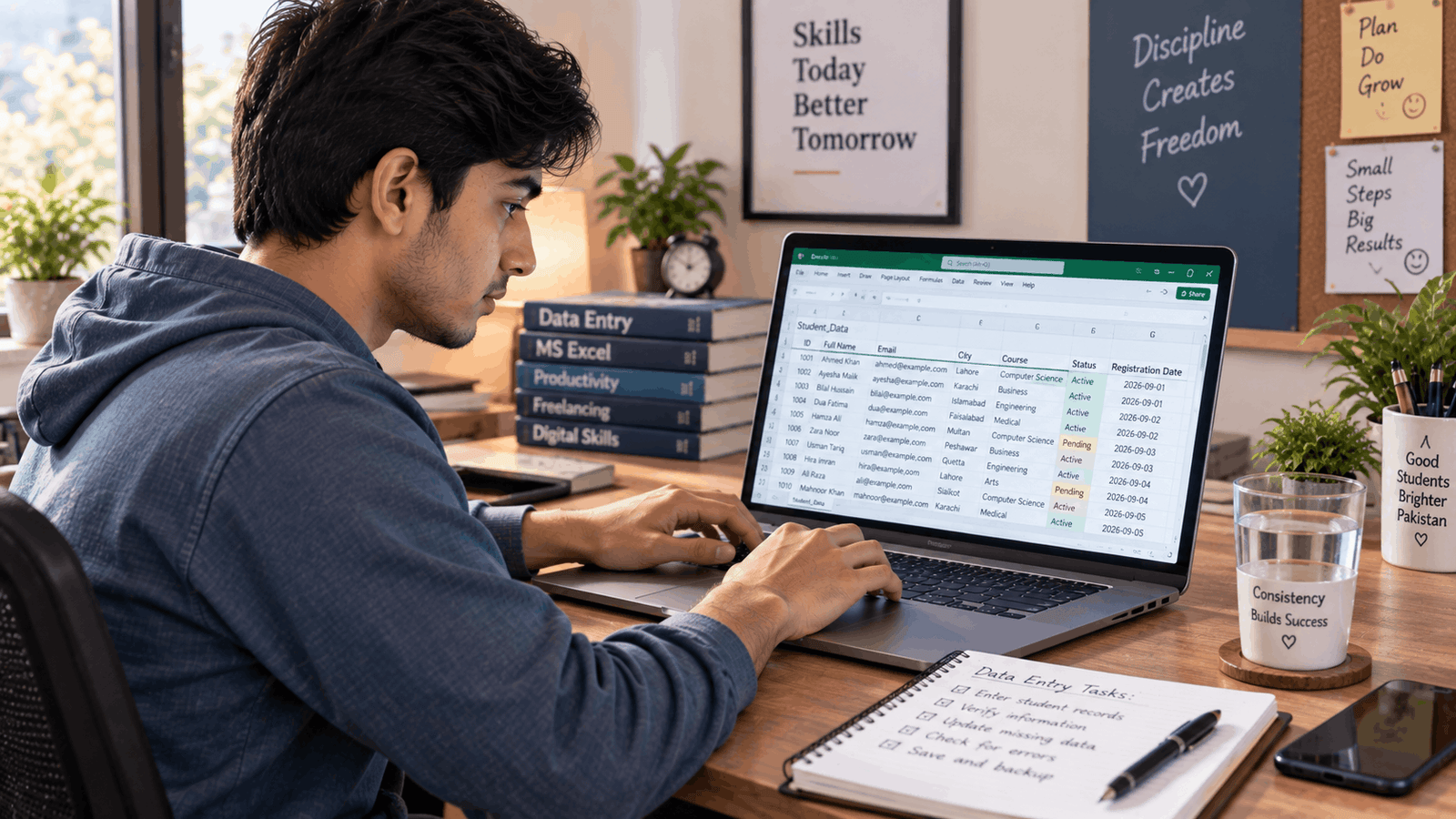 Data entry work in Pakistan: student typing on laptop, entry-level online earning
