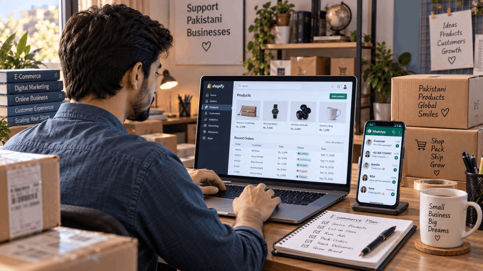 Dropshipping in Pakistan: online store owner managing products and orders, e-commerce earning
