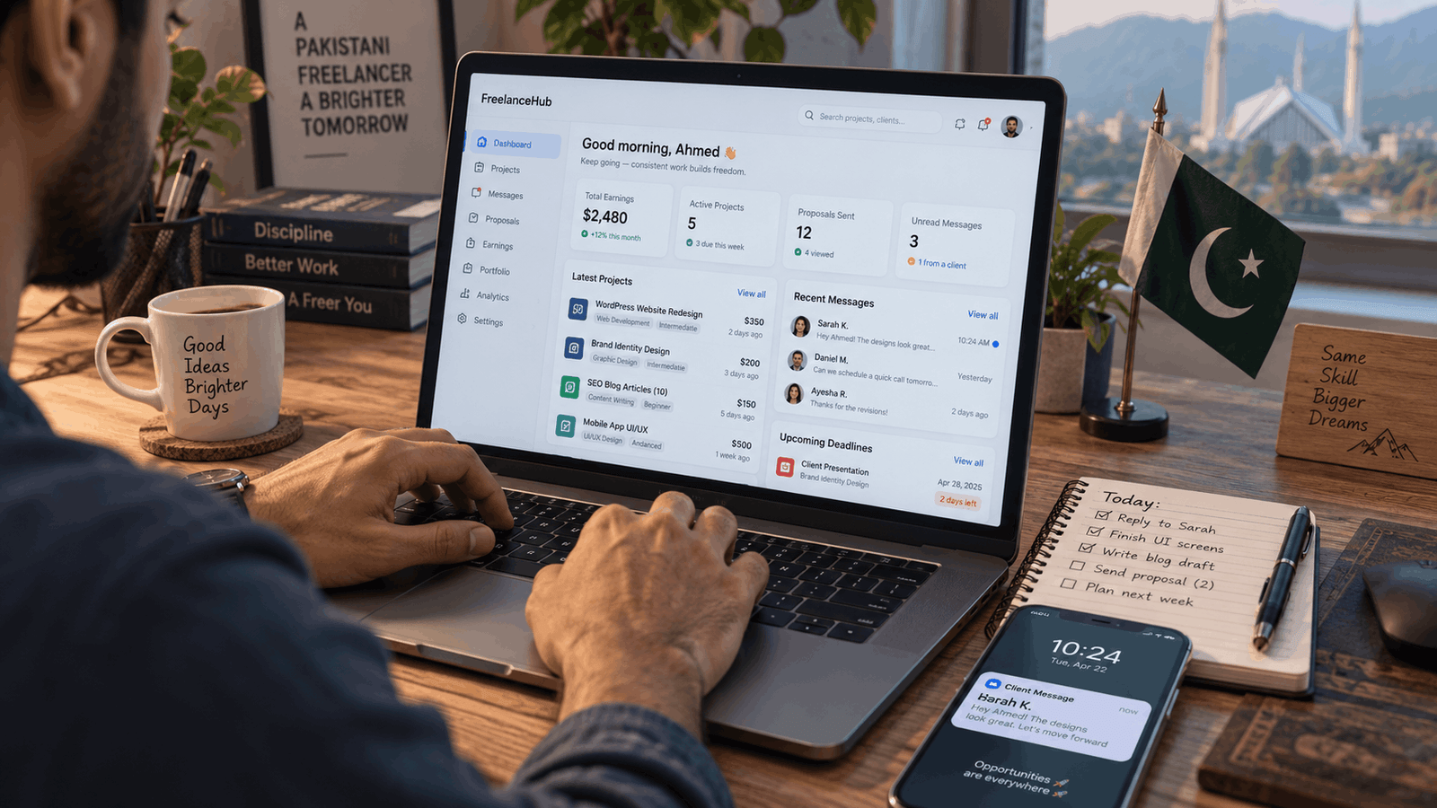 Pakistani freelancer working on Upwork and Fiverr, building client relationships for online earning