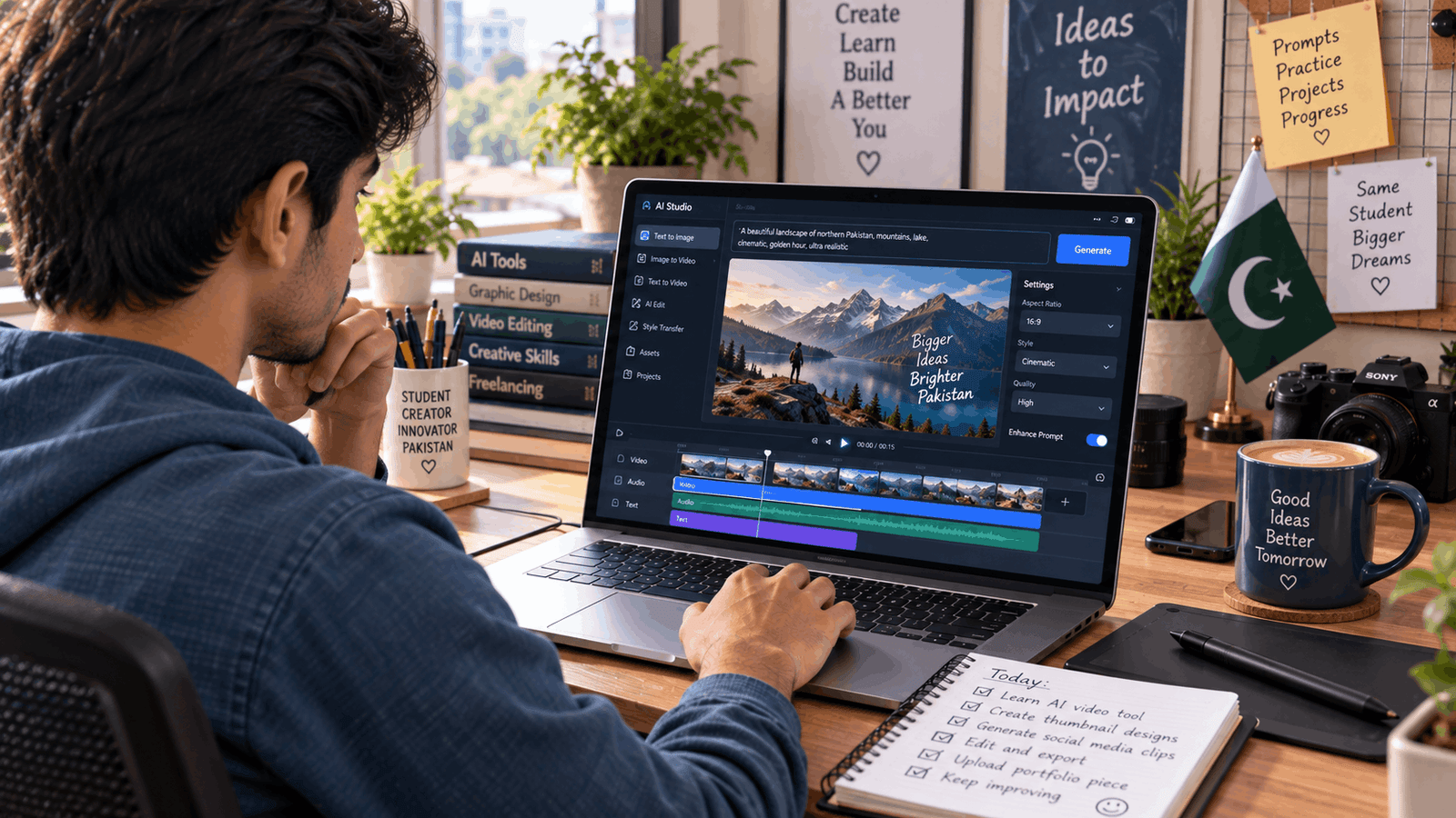 Pakistani student using Gemini AI for video and graphics creation, free tool for online earning