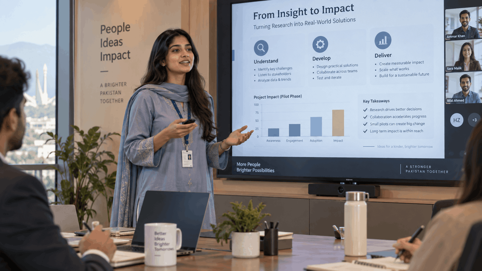 Pakistani student giving professional presentation, turning skills into online earning service