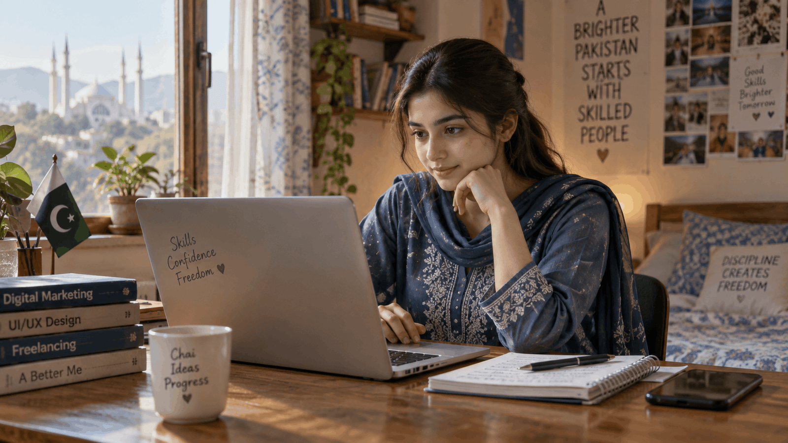 Pakistani student working on laptop for online earning in Pakistan, learning digital skills