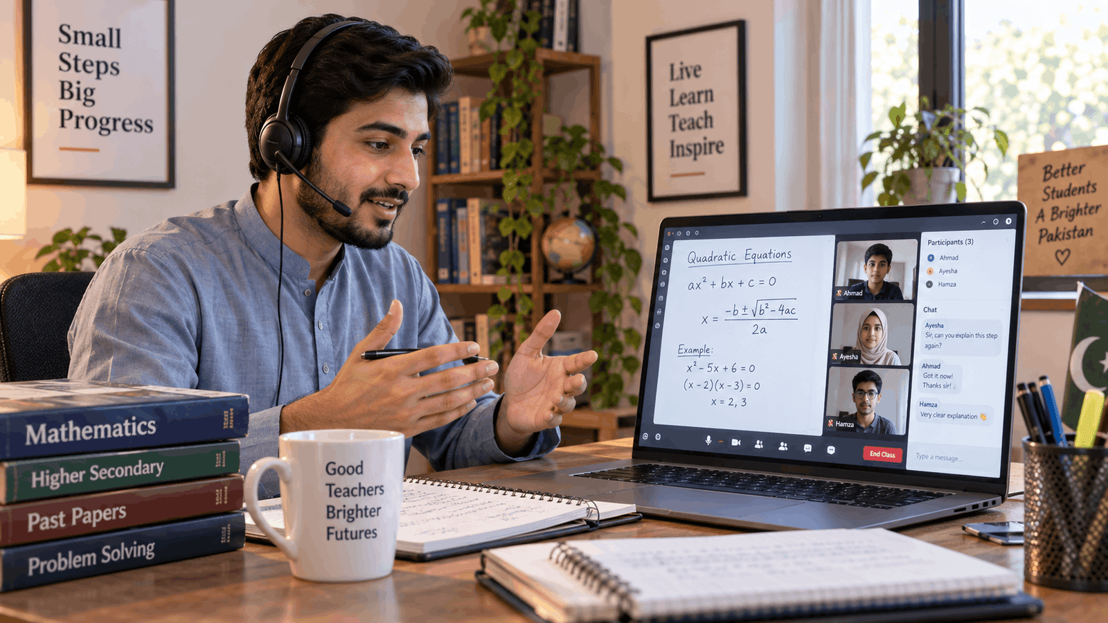 Online tutoring in Pakistan: teacher conducting Zoom lesson for students, online earning