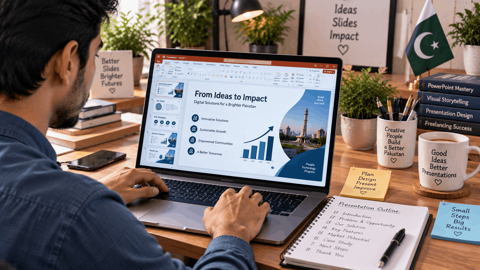 Pakistani freelancer preparing professional PowerPoint presentations for clients, online earning