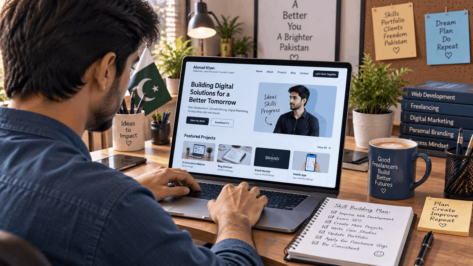 Freelancer in Pakistan building portfolio and skills for online earning career