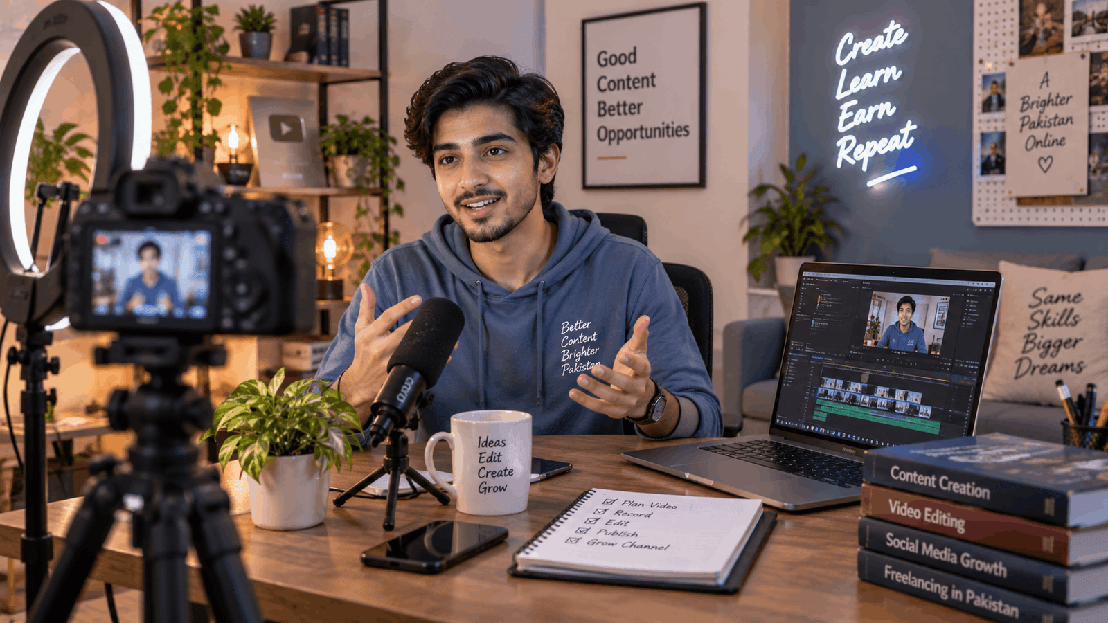 Pakistani YouTuber recording video, building content creation skills for online earning